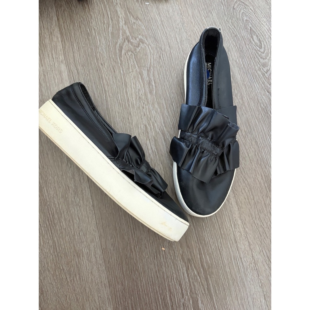 Michael Michael Kors Black Leather Ruffle Bow Platform Slip On Sneakers Size 10